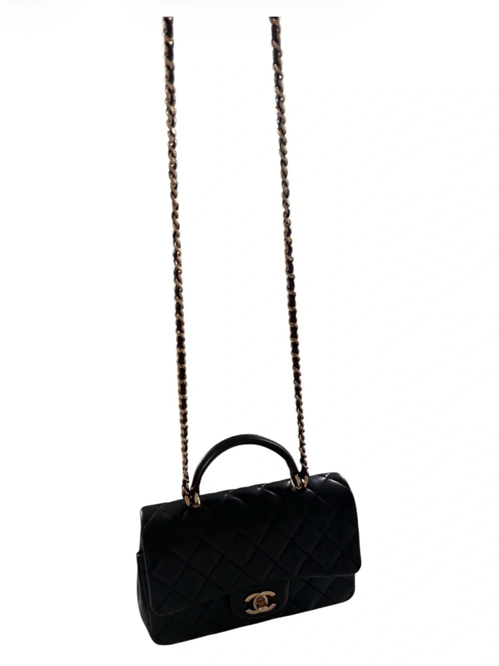 CHANEL Black Quilted Leather Top-Handle Crossbody with Gold-Tone Hardware